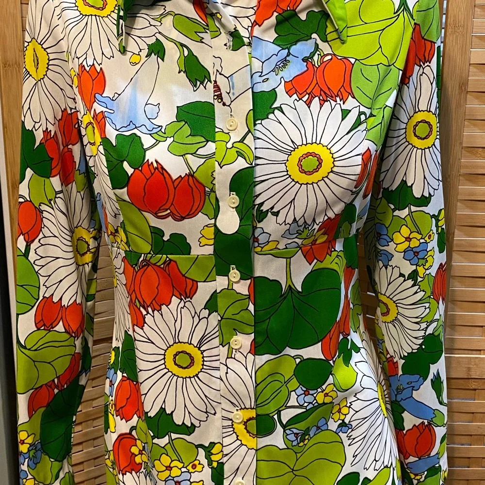 Vintage Anika Mod Flower Power Long Sleeve Maxi Dress Sz M Dagger Collar - Picture 8 of 14